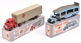 2 Dinky Toys. A Supertoys Tractor-Trailer McLean. Red cab, with grey plastic trailer, red plastic