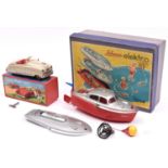2 original Schuco Toys. An Elektro 5511/4. A battery powered boat with two interchangeable tops, one