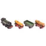 Dinky Toys Tank Goods Train Set. A made up set comprising a green/black locomotive, two yellow/red/