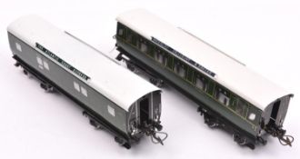 2x Middleton Products, Australia, Hornby Series style O gauge tinplate Southern Railway coaches; a