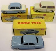 3 Dinky Toys. Ford Zephyr Saloon (162). An example in two tone blue with light grey wheels.