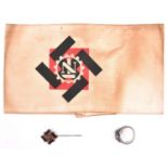 A Third Reich Teno armband, cream cloth with printed Teno insignia; also an enamelled Teno tiepin