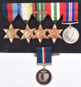 Five: 1939-45 star, Atlantic star, Pacific star with Burma clasp, Italy star, War medal (un-named as