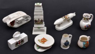 8 crested china items, comprising: WWI Zeppelin (City of Exeter); WWI tank (Redcar); The Cenotaph (