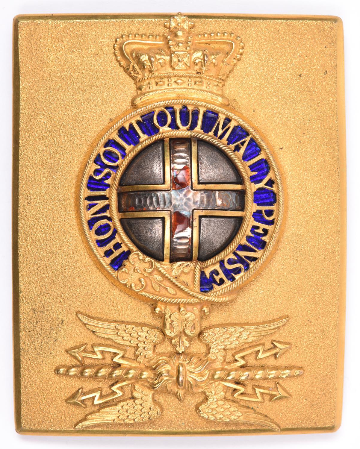 An officer’s shoulder belt plate of the Royal Artillery, c 1823-33, gilt with enamelled centre, most