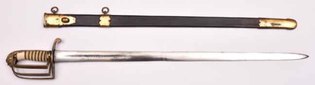 A late 18th century RN officer’s service sword,straight, DE blade 29½”, with short central fuller on