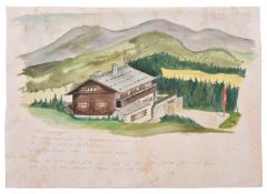 A small watercolour painting, 13½” x 9½”, of the original Berghof, signed and