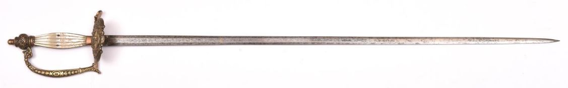 A late19th century Dutch courtsword, slender double edged blade 30½”, the embossed brass hilt having