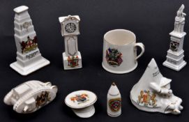 8 Crested China Items comprising Mug (Peace/Justice), Large Cenotaph (City of London), Shell (