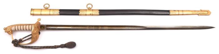 A good RN officer’s sword, c 1950, straight fullered blade 31½”, etched with crowned fouled anchor