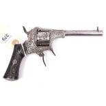 A Belgian 6 shot 7mm Jongen Freres closed frame double action pinfire revolver, c 1860, number 1592,