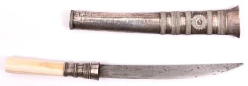 A miniature Burmese dha, plain blade 4”, the hilt of ivory and partly covered with silver