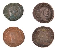 Roman AE coins (4): Severus Alex. AE As, F (legend unclear); Constantius I Follis, rev. Salvs Avgg