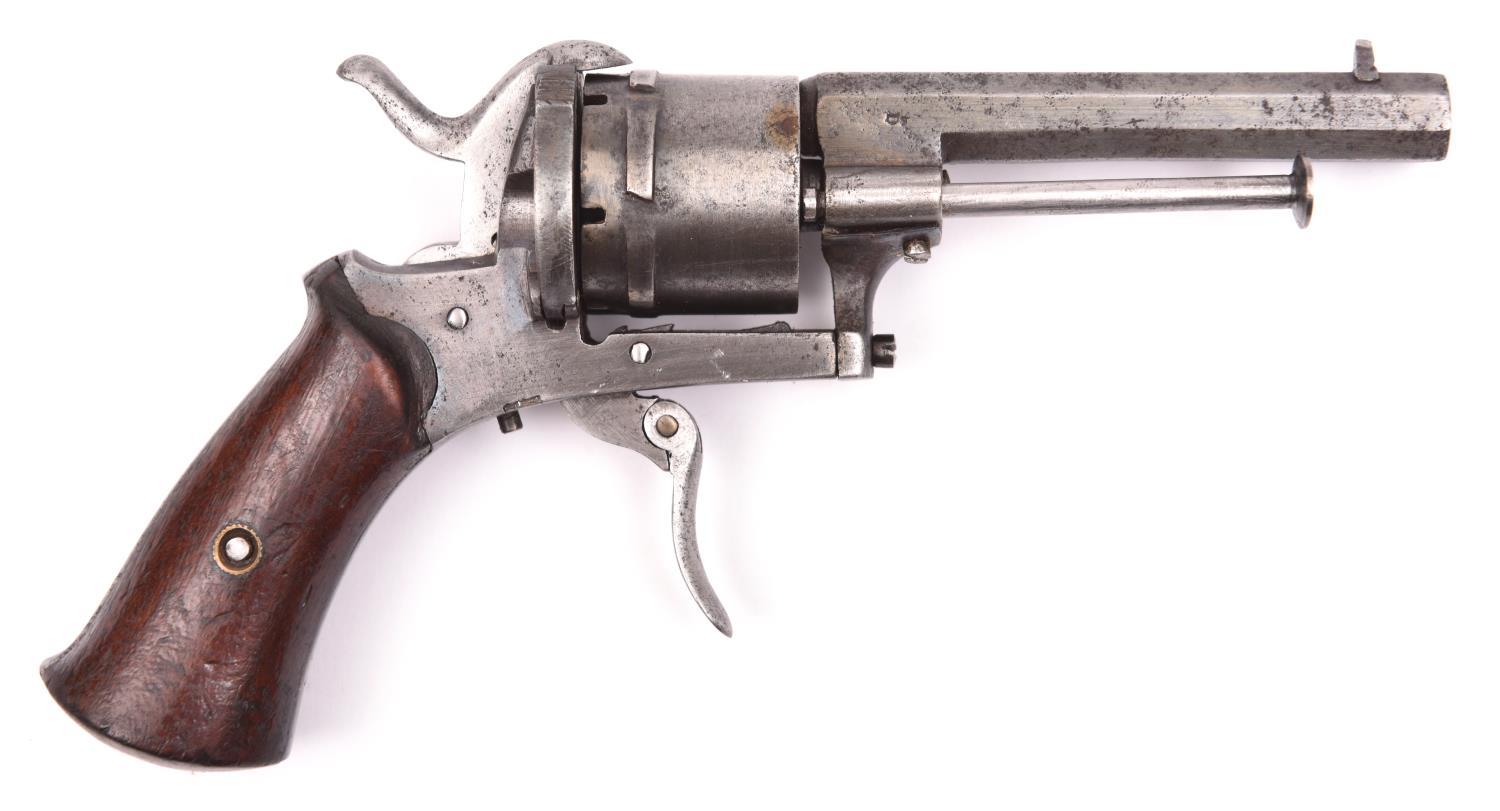 A Belgian 6 shot 7mm double action open frame pinfire revolver, octagonal barrel 3¼”, Liege