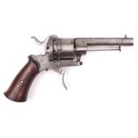 A Belgian 6 shot 7mm double action open frame pinfire revolver, octagonal barrel 3¼”, Liege