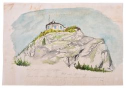 A small watercolour painting, 14½” x 10”, of a building on a hill, signed and