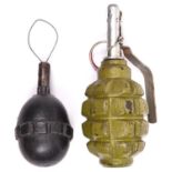 An inert WWI German “egg” grenade, with screw in fuze; and a post WWII Russian F1 grenade. GC (2) £
