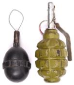 An inert WWI German “egg” grenade, with screw in fuze; and a post WWII Russian F1 grenade. GC (2) £