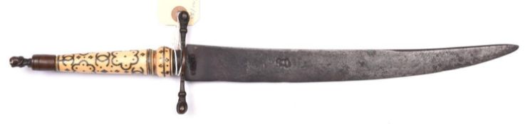 A 17th century late Charles II period plug bayonet, slightly curved blade 11”, struck on both