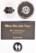 3 Third Reich SS items, enamelled WM ring in its box, enamelled lapel badge; a small mirror with