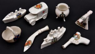 8 crested china items comprising: WWI machine gun (City of London); Warship (Smethwick);