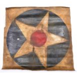 A fabric sheet, possibly from WWI, 29” x 28”, painted with red ball on white star, possibly from