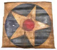 A fabric sheet, possibly from WWI, 29” x 28”, painted with red ball on white star, possibly from