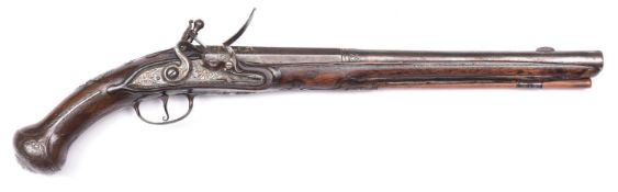 An unusually long mid 18th century French 16 bore flintlock holster pistol, 21½” overall, 2 stage
