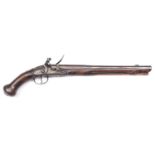 An unusually long mid 18th century French 16 bore flintlock holster pistol, 21½” overall, 2 stage