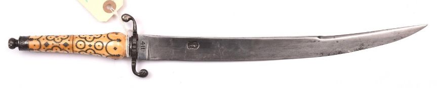 A good 17th century silver mounted plug bayonet, c 1680, slightly curved single edged blade 12” with