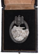 A Third Reich Tank Assault badge, grey metal with silvered tank, in case of issue. GC (case worn) £