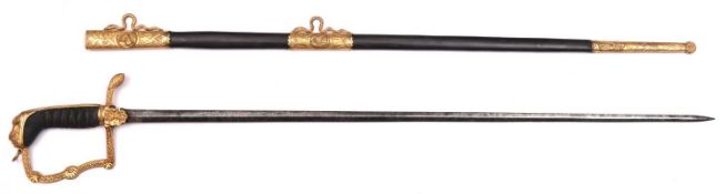 A Georgian naval lieutenant’s dress sword, c 1820, slender diamond section blade 26”, etched with