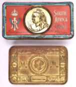 A Boer War tin chocolate box, the coloured lid embossed with medallion containing a bust of Queen