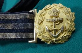 A good KC naval officer’s bullion and leather waist belt and sword slings, with gilt buckle, the