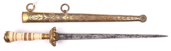 A Georgian naval dirk, c 1820, tapered DE blade 8” of shallow diamond section, retaining traces of