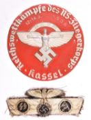 A Third Reich SS embroidered field cap badge, also a pressed alloy badge “Reichswettkampfe De NS