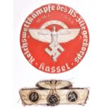 A Third Reich SS embroidered field cap badge, also a pressed alloy badge “Reichswettkampfe De NS