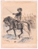 An original R. Caton Woodville sketch, dated 1889, depicting a mounted Oliver Cromwell, with drawn