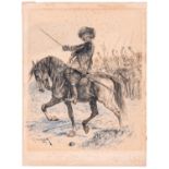 An original R. Caton Woodville sketch, dated 1889, depicting a mounted Oliver Cromwell, with drawn