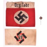 2 Third Reich armbands, Org Todt, stitched construction and Teno, printed type. GC (2) £70-80.