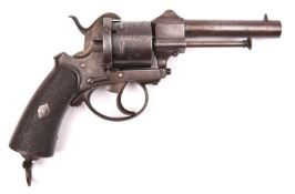 A Belgian 6 shot 9mm double action open frame pinfire revolver, roun d barrel 4” with tall