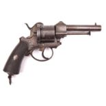 A Belgian 6 shot 9mm double action open frame pinfire revolver, roun d barrel 4” with tall