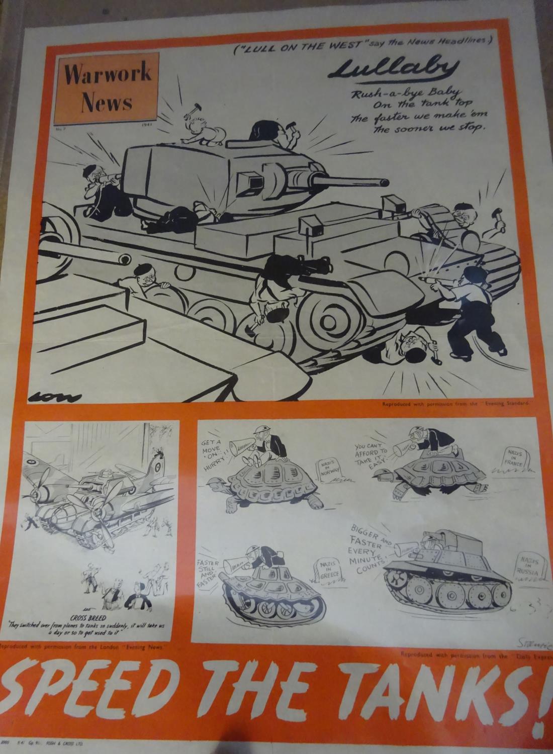 A WWII poster “Speed the Tanks”, headed “Warwork News No 7 1941”, with cartoons of workers