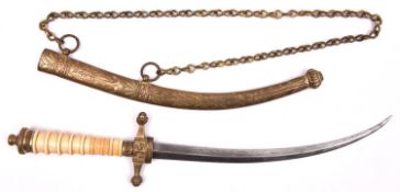 A Georgian naval dirk, c 1820, curved double edged blade 7½”, brass hilt with straight crosspiece