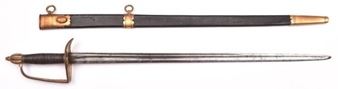 A Georgian naval officer’s sword c 1775, straight fullered blade 25”, with back fuller, gilt