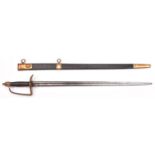 A Georgian naval officer’s sword c 1775, straight fullered blade 25”, with back fuller, gilt