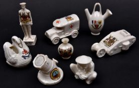 8 crested china items comprising: WWI ambulance (Glasgow); WWI Tommy (City of Nottingham); WWI naval