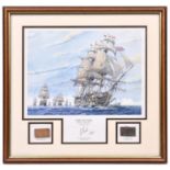 A limited edition coloured print of HMS Victory at sea, leading the fleet, from the original