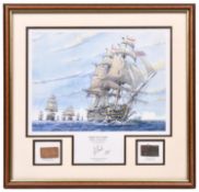 A limited edition coloured print of HMS Victory at sea, leading the fleet, from the original