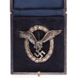 A Third Reich Luftwaffe Pilot’s silvered finish breast badge, in case of issue. VGC £280-300